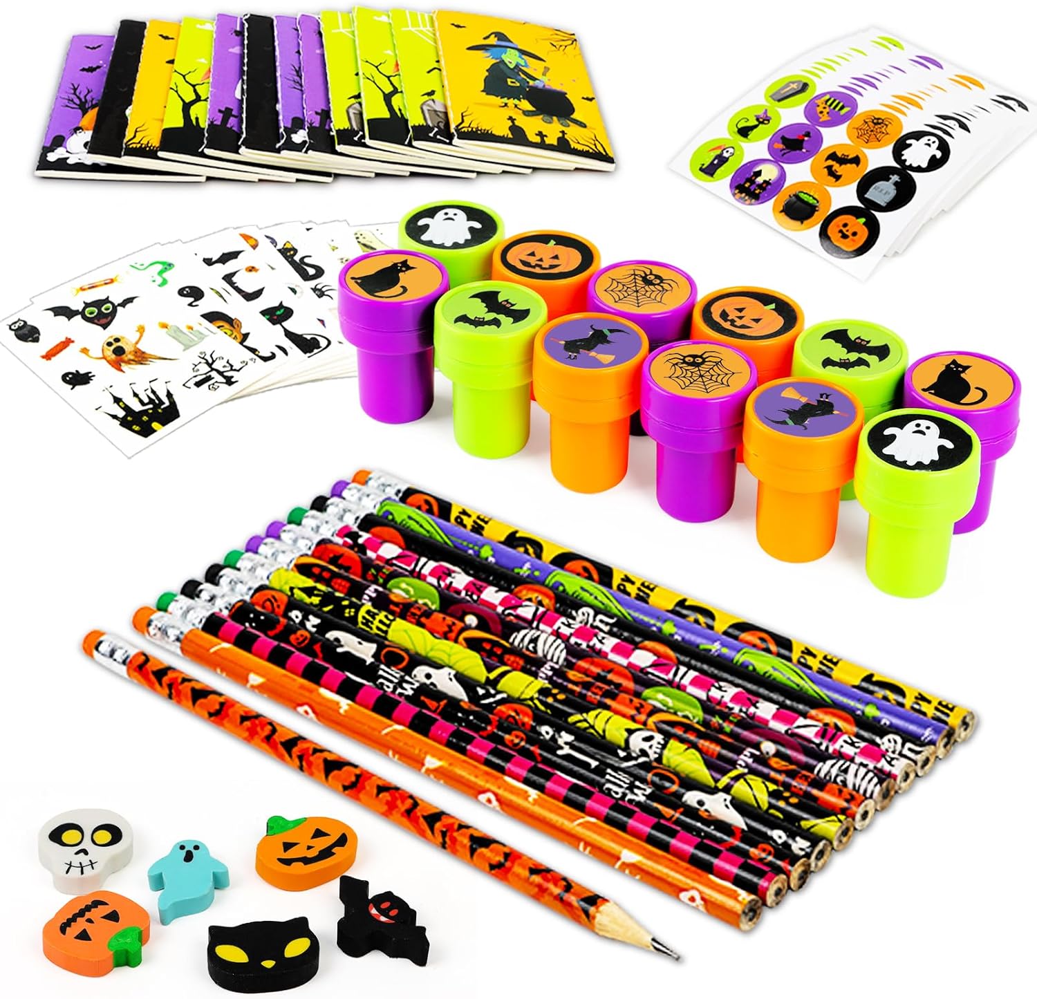 Juego de papelería de Halloween para niños, 144 piezas de regalos de fiesta de dulce o truco, regalos para niños, suministros de fiesta escolar,