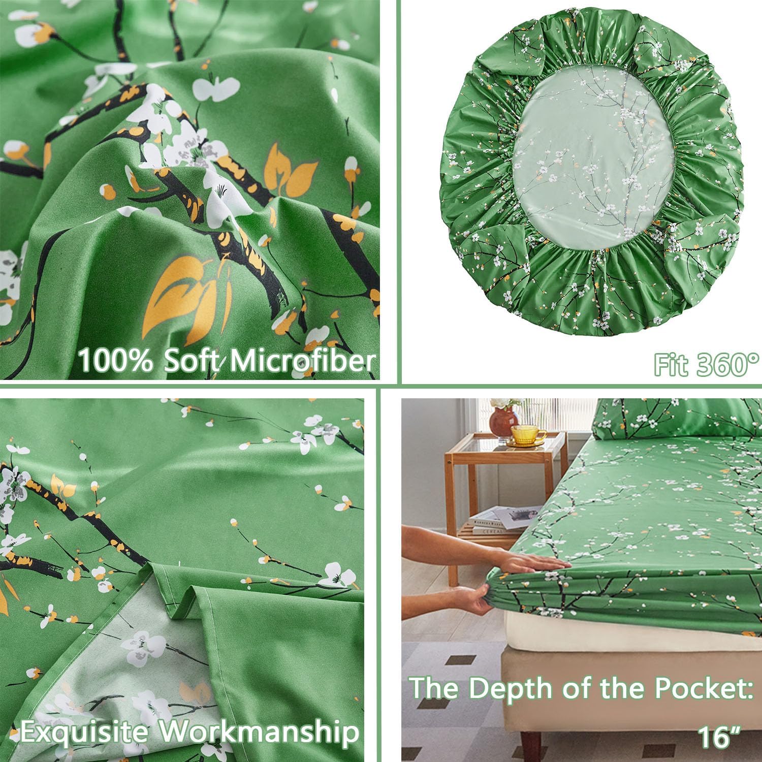 ZANBAST – Juego de sábanas de 4 piezas con estampado de flores verdes, estilo granja, se adapta fácilmente a sábanas de microfibra para todas las