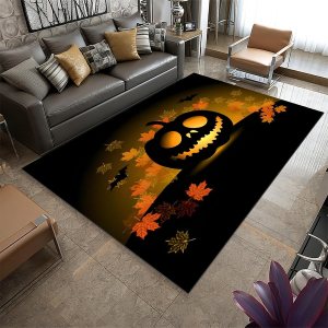 HONGXIU Alfombra temática de Halloween, de 3 x 5 pies, con diseño de hojas de murciélago y cabeza de calabaza, alfombra decorativa para habitación HONGXIU Alfombra temática de Halloween, de 3 x 5 pies, con diseño de hojas de murciélago y cabeza de calabaza, alfombra decorativa para habitación