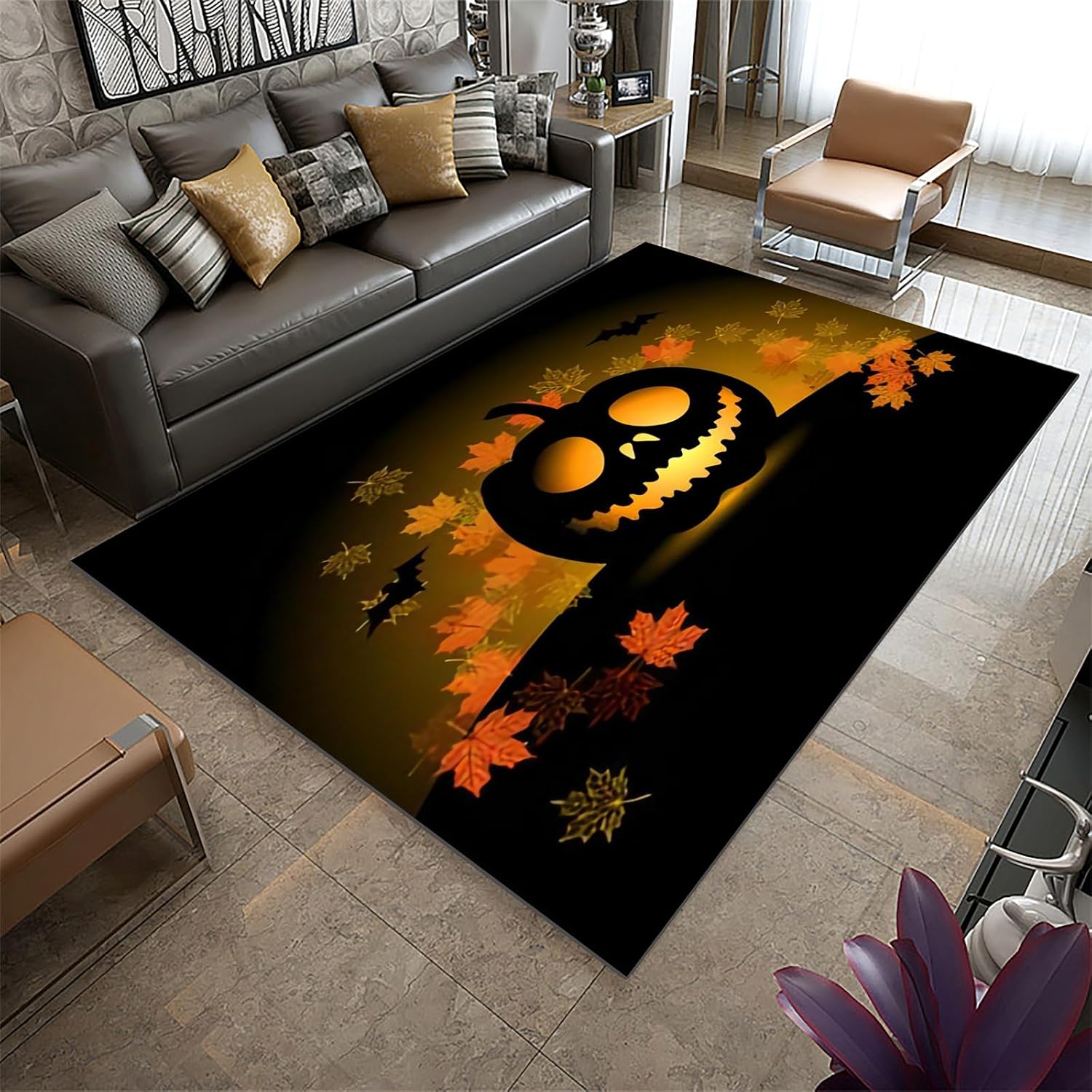 HONGXIU Alfombra temática de Halloween, de 3 x 5 pies, con diseño de hojas de murciélago y cabeza de calabaza, alfombra decorativa para habitación