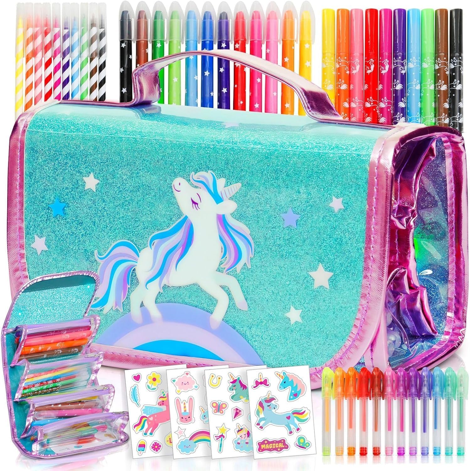Amitié Lane Juego de papelería de unicornio, juego de marcadores perfumados + juego de libros de garabatos borrables, kits de manualidades y