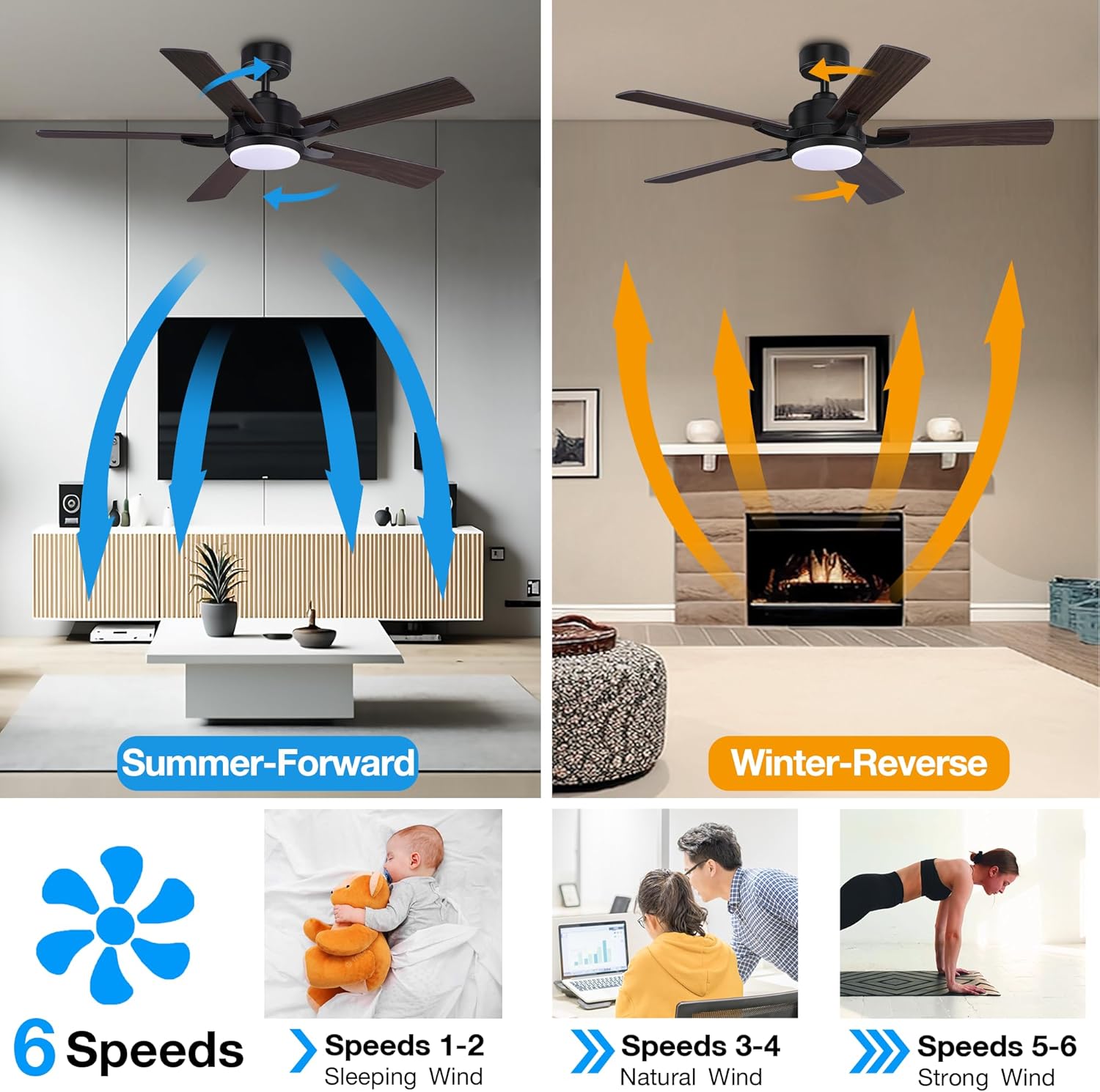 Ventiladores de techo inteligentes de 52 pulgadas con control remoto de luces, motor de CC silencioso, ventilador de techo moderno para interiores y