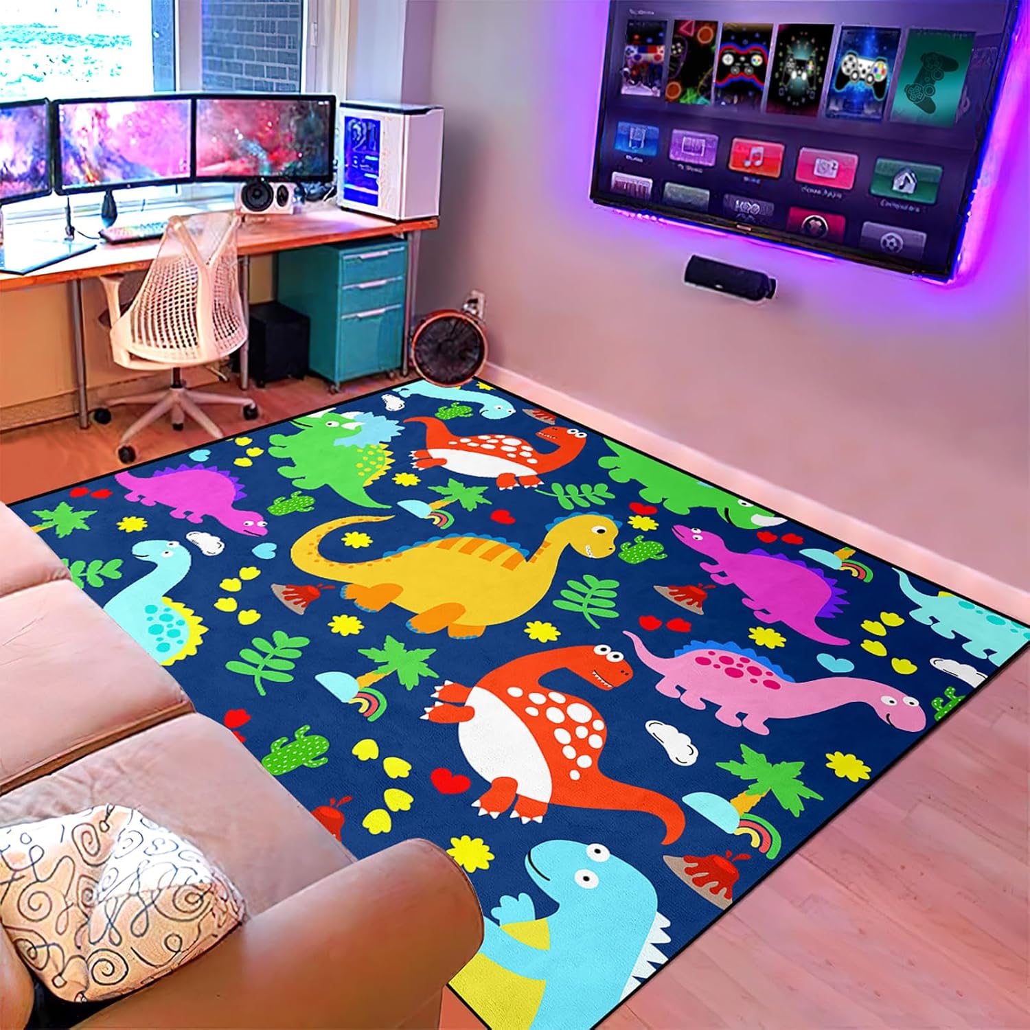 Alfombra de dinosaurio, alfombras de dinosaurios de dibujos animados para dormitorio de niños, lindas alfombras de área de dinosaurios para niños,