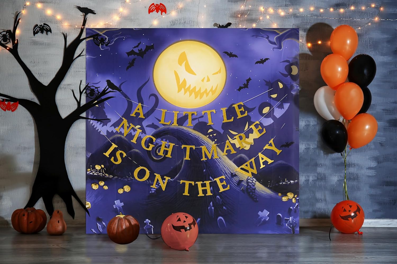 Allenjoy Juego de suministros para fiesta de baby shower de Halloween de 6 x 6 pies con texto en inglés A Little Nightmare is on the Way (A Little