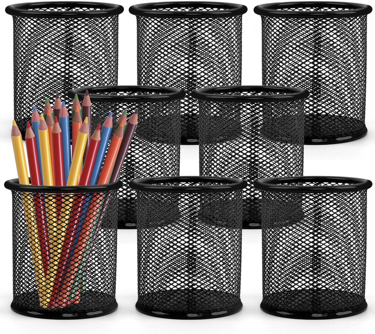 Rocutus Portalápices, paquete de 8 soportes de malla para lápices, soporte de metal para lápices, soporte de accesorios de escritorio, taza de malla