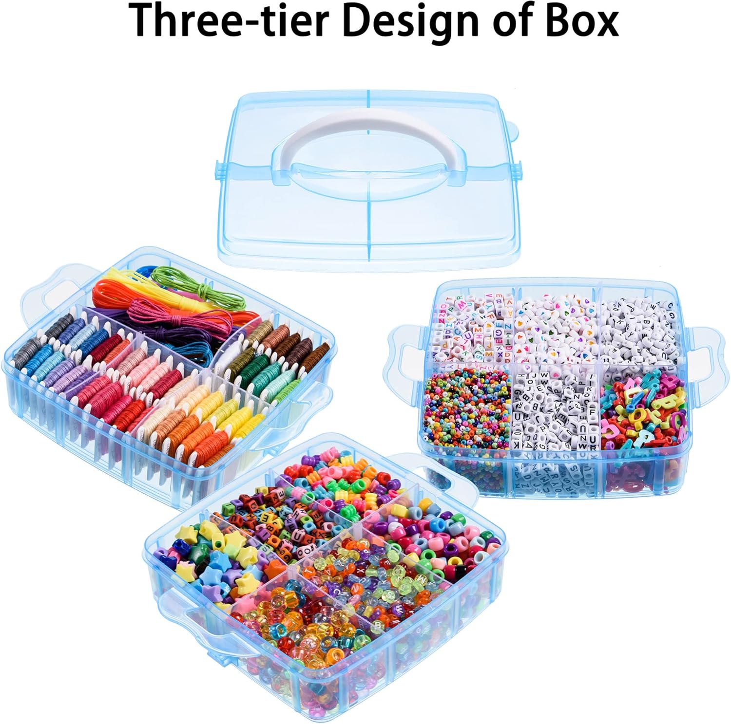 Peirich Kit de cuentas para hacer joyas, incluye hilo de bordado de 44 colores con caja de almacenamiento de 3 niveles con hilos, más de 4900