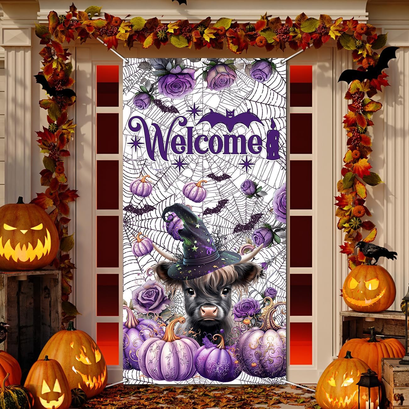 Decoraciones para puerta de Halloween, pancartas de bienvenida de Halloween, vaca de las tierras altas con sombrero de bruja, calabaza morada,