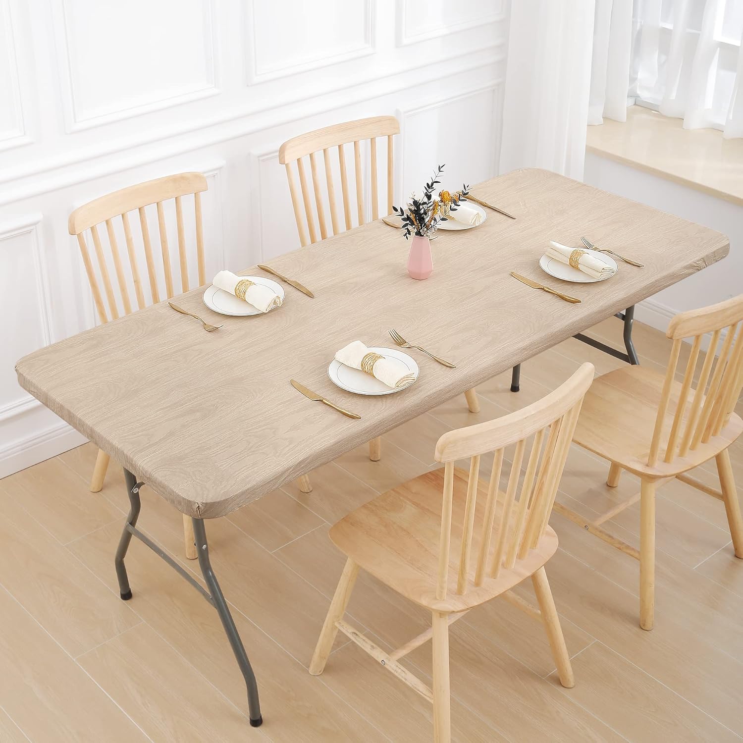 smiry Mantel rectangular de pícnic, fundas elásticas impermeables para mesas de 6 pies, manteles de vinilo con parte trasera de franela lavable para
