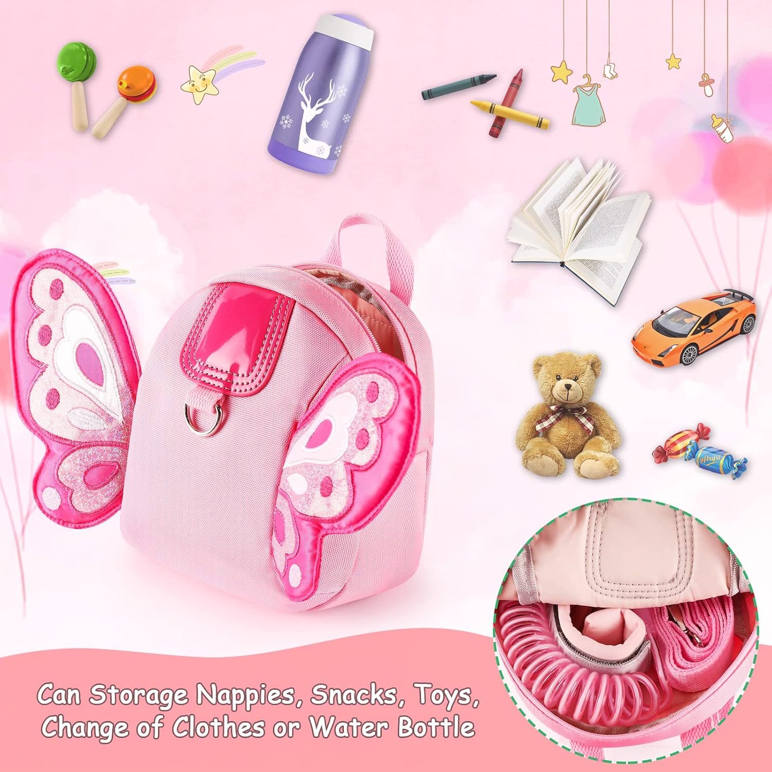 Accmor Arnés para niños pequeños, con correa de mariposa para niños, con eslabones de muñeca antipérdida, mini mochila para niños, correa para