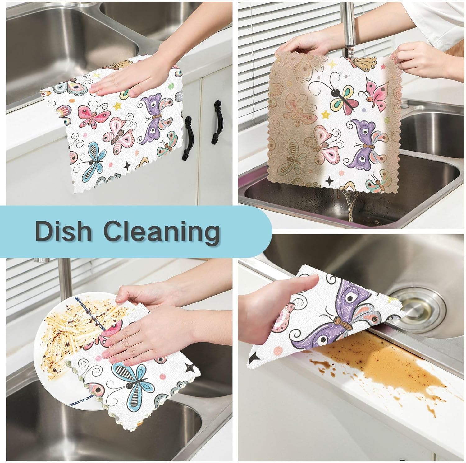 Toalla de microfibra con estampado suave de mariposas de dibujos animados para cocina, absorbente, paquete de 6 trapos para mesa de restaurante