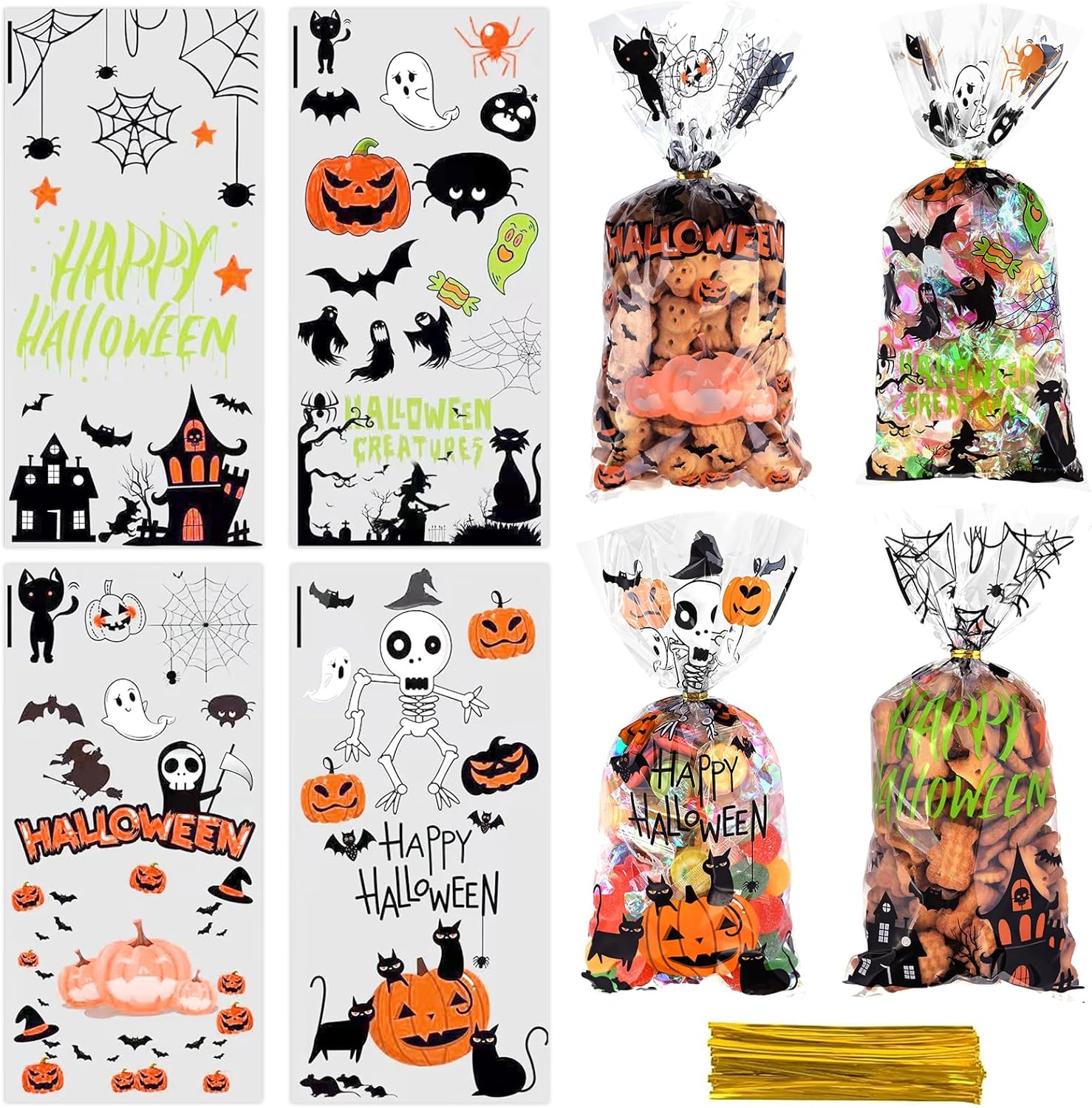 JMANNI Bolsas de dulces de Halloween para celfán, 120 bolsas de plástico transparente para Halloween, bolsas de dulces, murciélagos, calabaza y