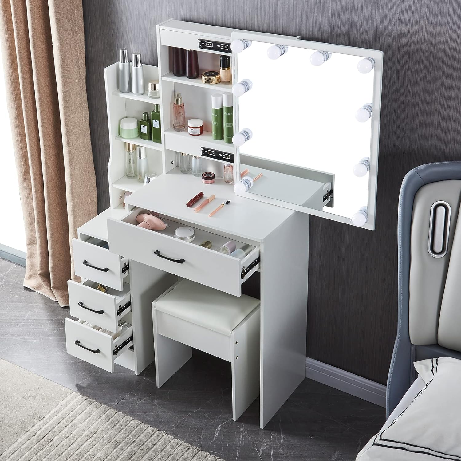 Mesa de tocador blanca con espejo y luces, espejo de tocador con luces, escritorio y silla para dormitorio, escritorio de tocador con 4 cajones de