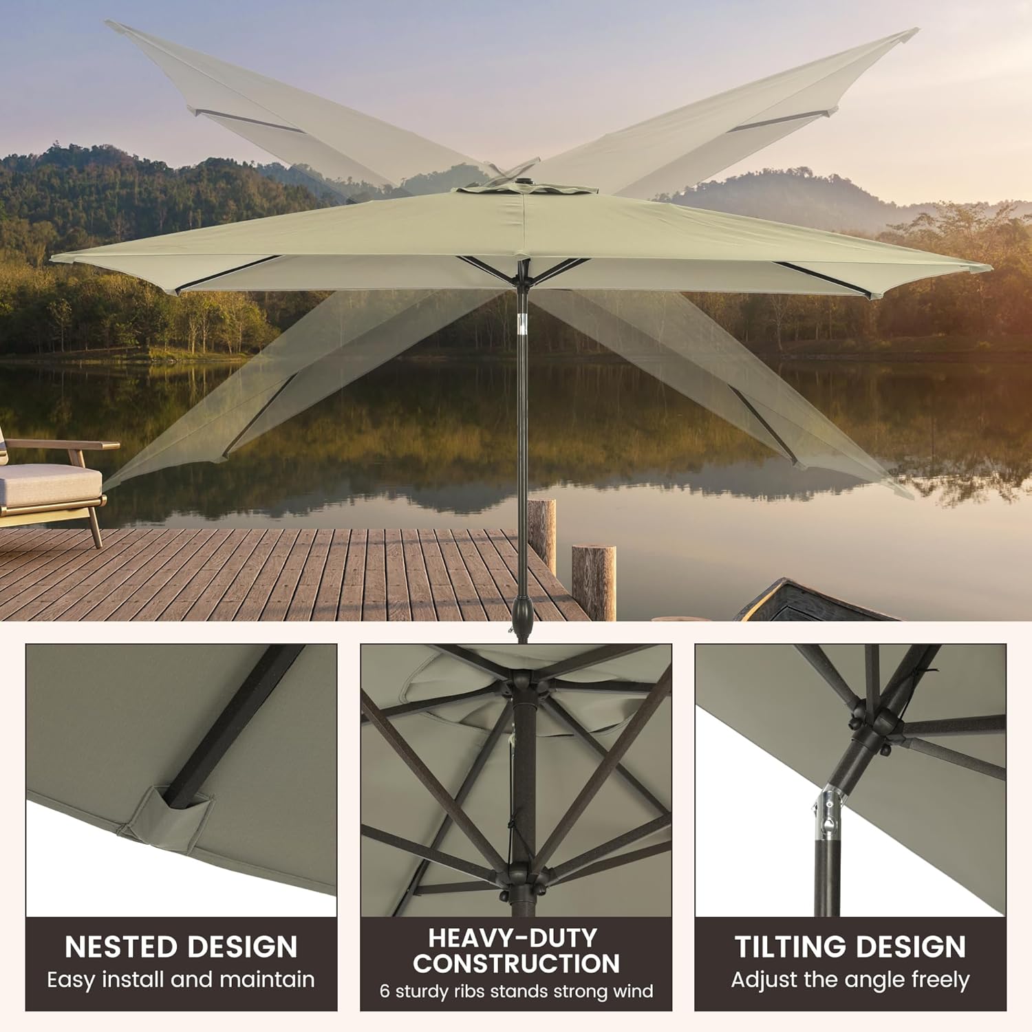MONDAWE Paraguas rectangular de mercado con luces LED solares de 10 x 6.5 pies para exteriores, sombrilla de patio con manivela, sombrilla de mesa