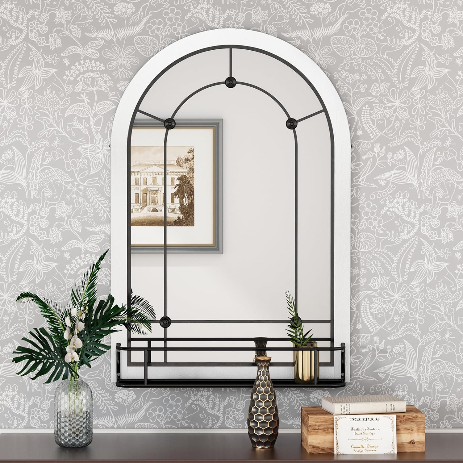 AZODY Espejo de pared de ventana arqueada con estante, espejo de entrada colgante blanco de 36 x 24 pulgadas, espejos decorativos para decoración de