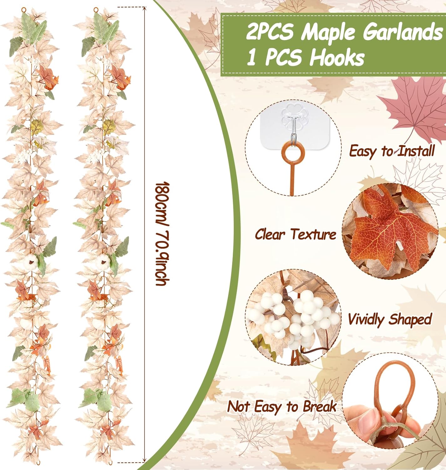 2 guirnaldas de hojas de arce de otoño de 5.9 pies, guirnalda de bayas de calabaza blanca, enredaderas colgantes, cosecha de otoño, decoración de
