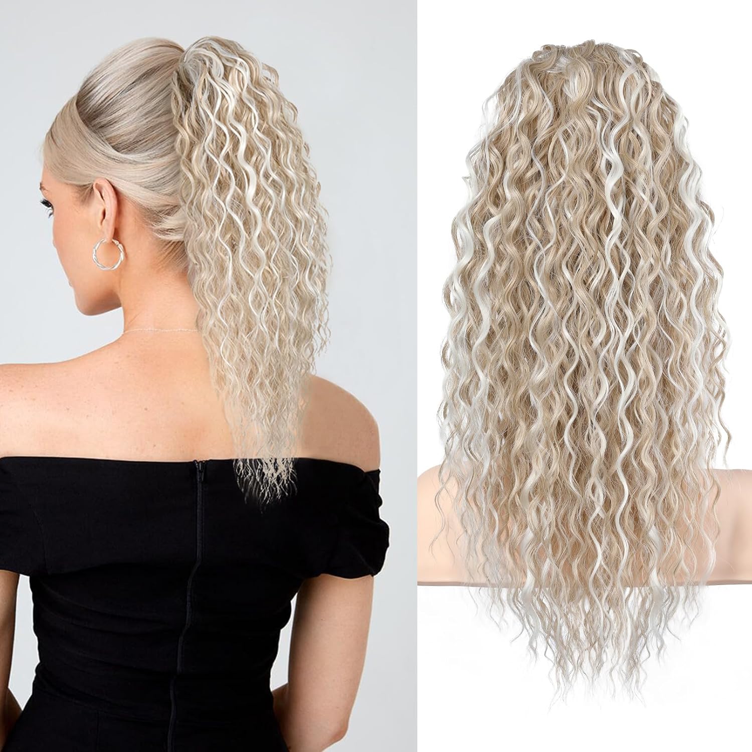 FLUFYMOOZ Extensión de cola de caballo, 22 pulgadas, estilo bohemio, con cordón, extensiones de cabello para mujer, cola de caballo larga y rizada,
