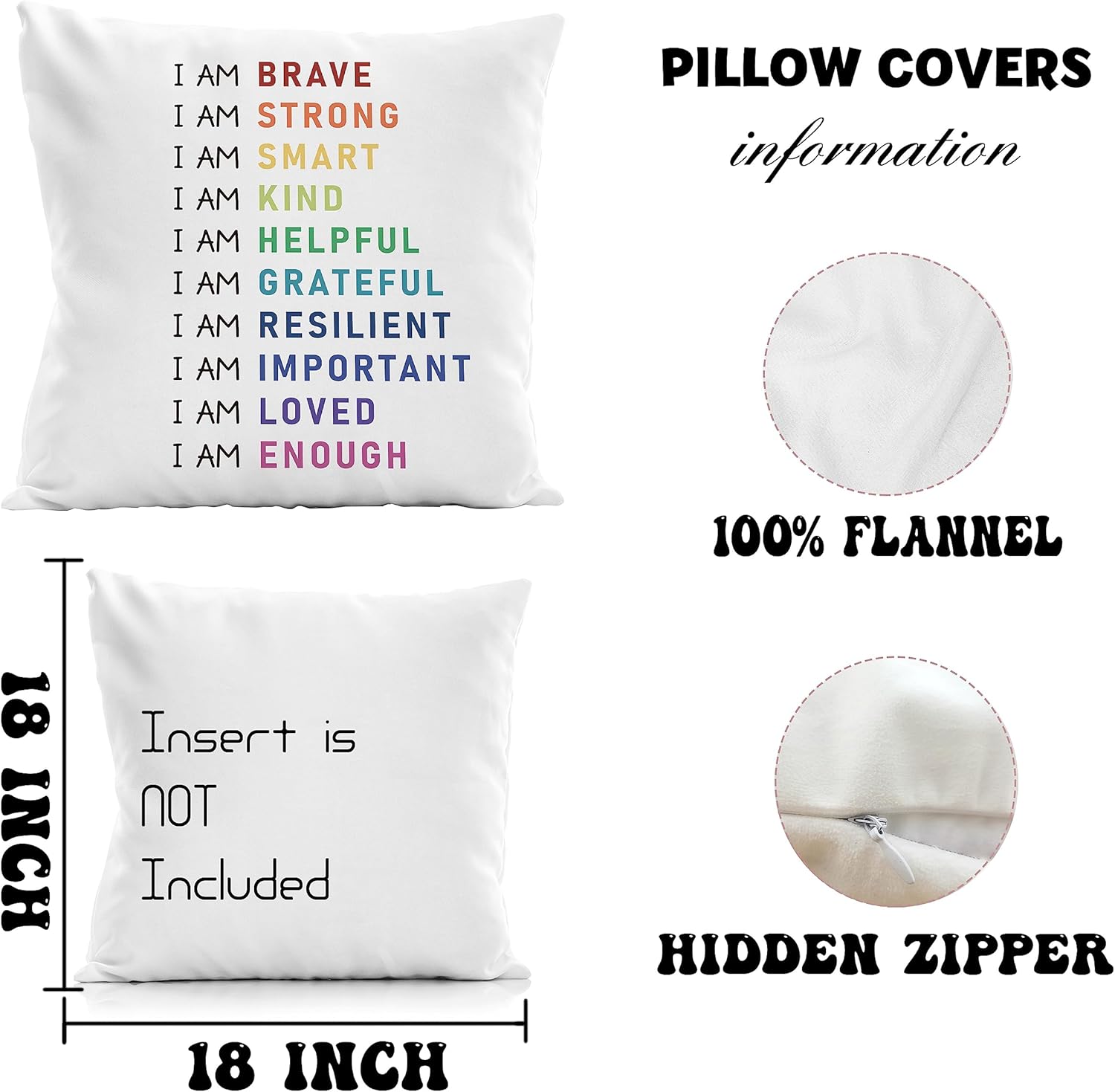Funda de almohada de afirmaciones positivas de arcoíris de 18 x 18 pulgadas, funda de almohada decorativa inspiradora con texto en inglés “I am