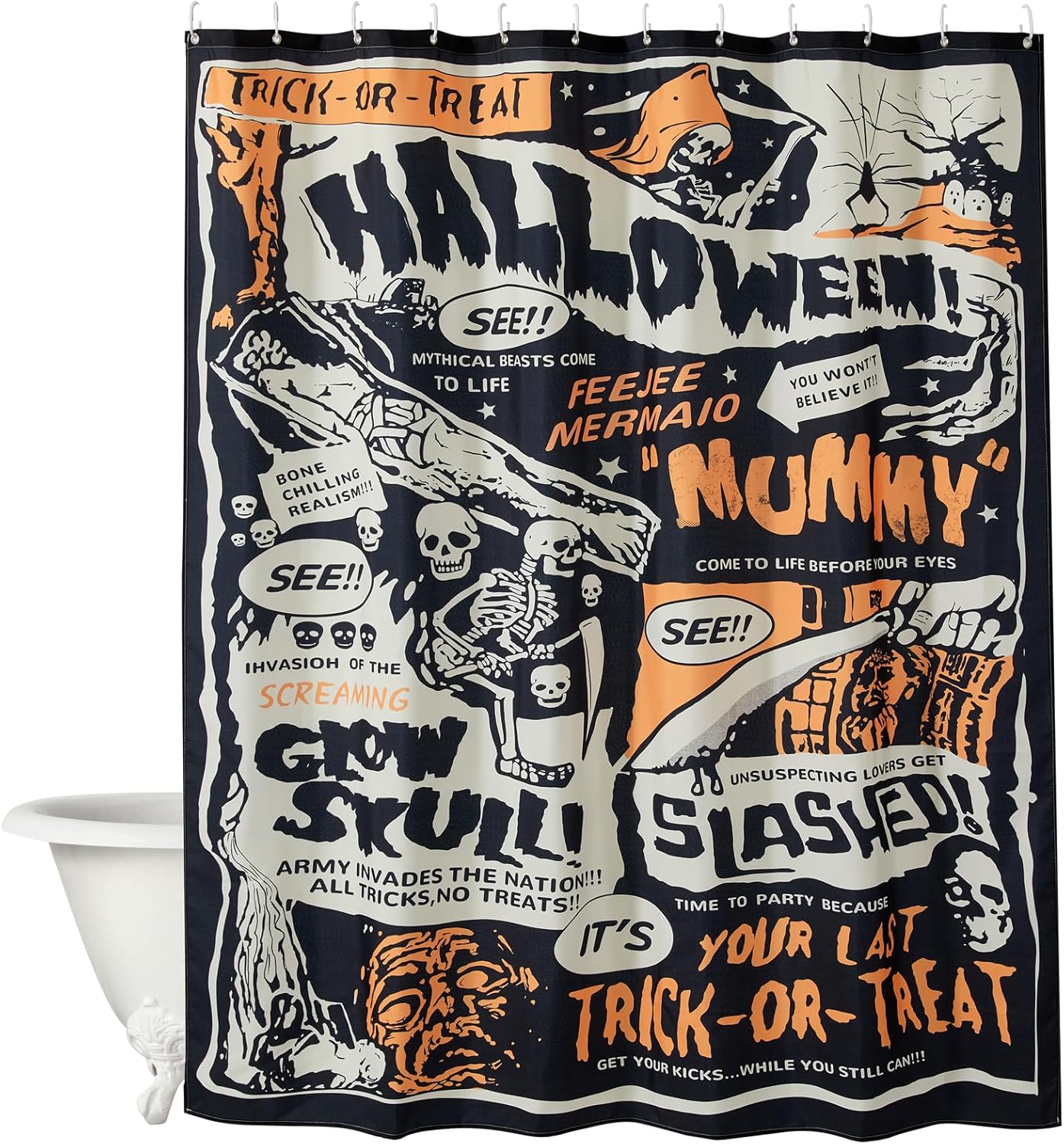 Cortina de ducha de tela retro vintage de Halloween, decoración de baño espeluznante, dulce o truco, lindo gótico, espeluznante, calavera,