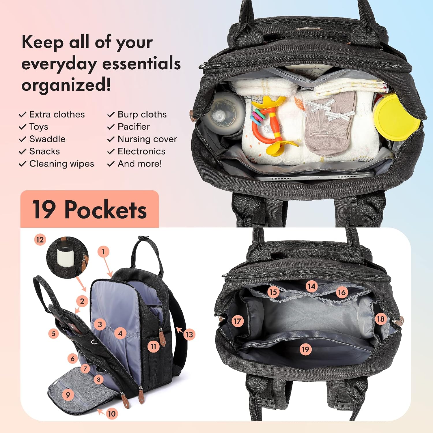 Dikaslon – Mochila para pañales con cambiador portátil, funda para chupete y correas para cochecito, bolsas de bebé unisex grandes para niños y