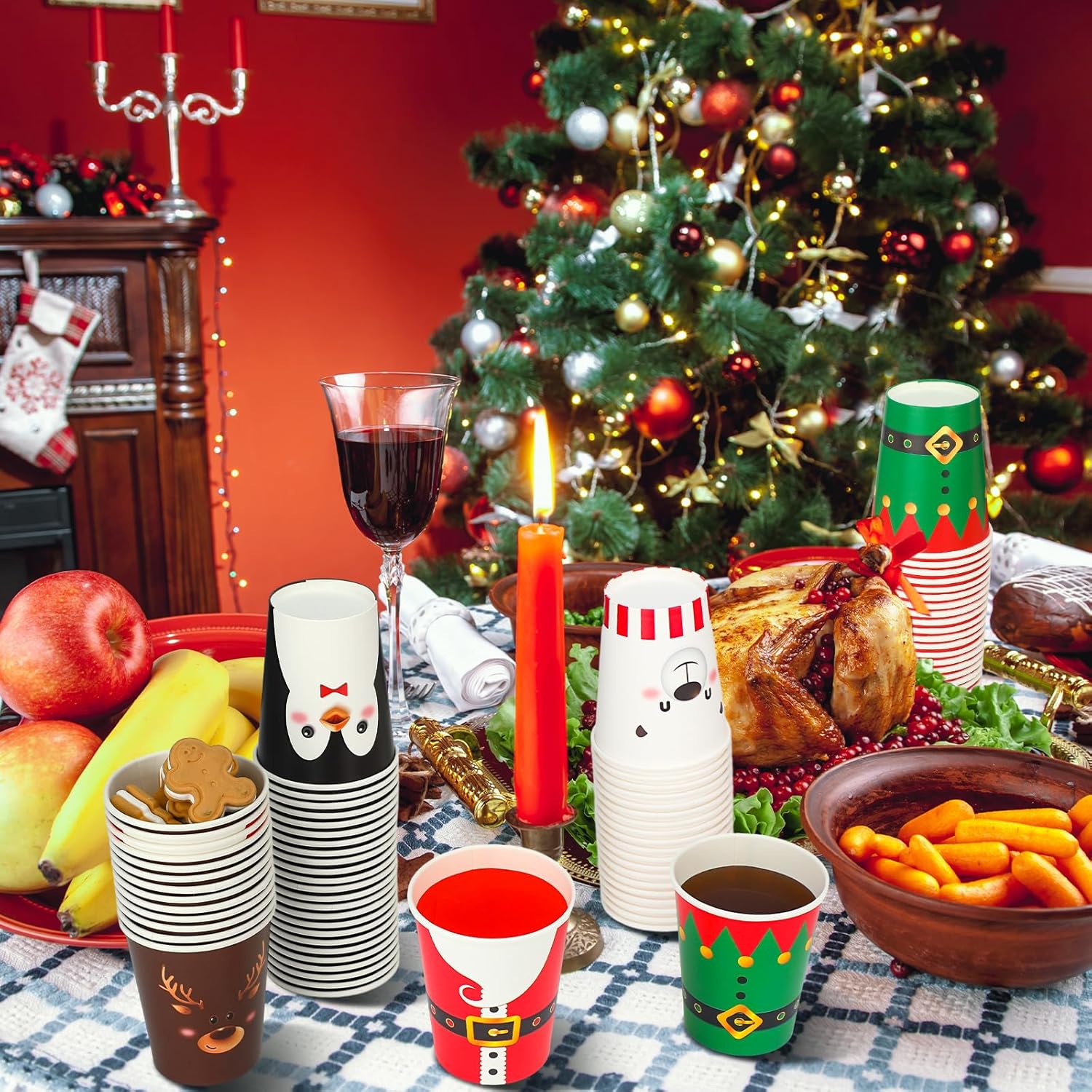 Zhehao 200 vasos de papel desechables de Navidad de 9 onzas, tazas de café desechables, Papá Noel, muñeco de nieve, alce, vasos calientes,