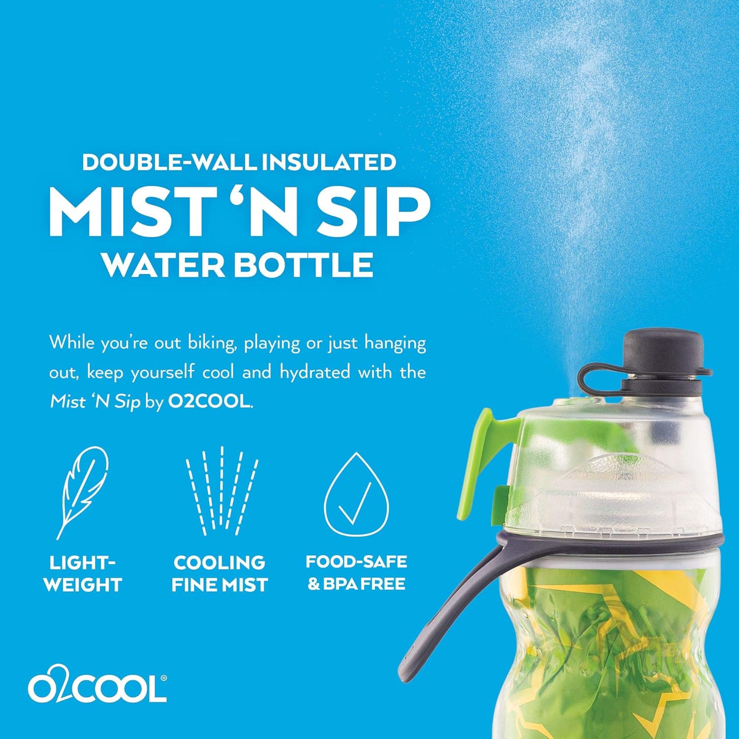 O2COOL Mist ‘N Sip – Botella de agua de nebulización 2 en 1, función de niebla y sorbo sin fugas, botella de agua deportiva con boquilla superior,