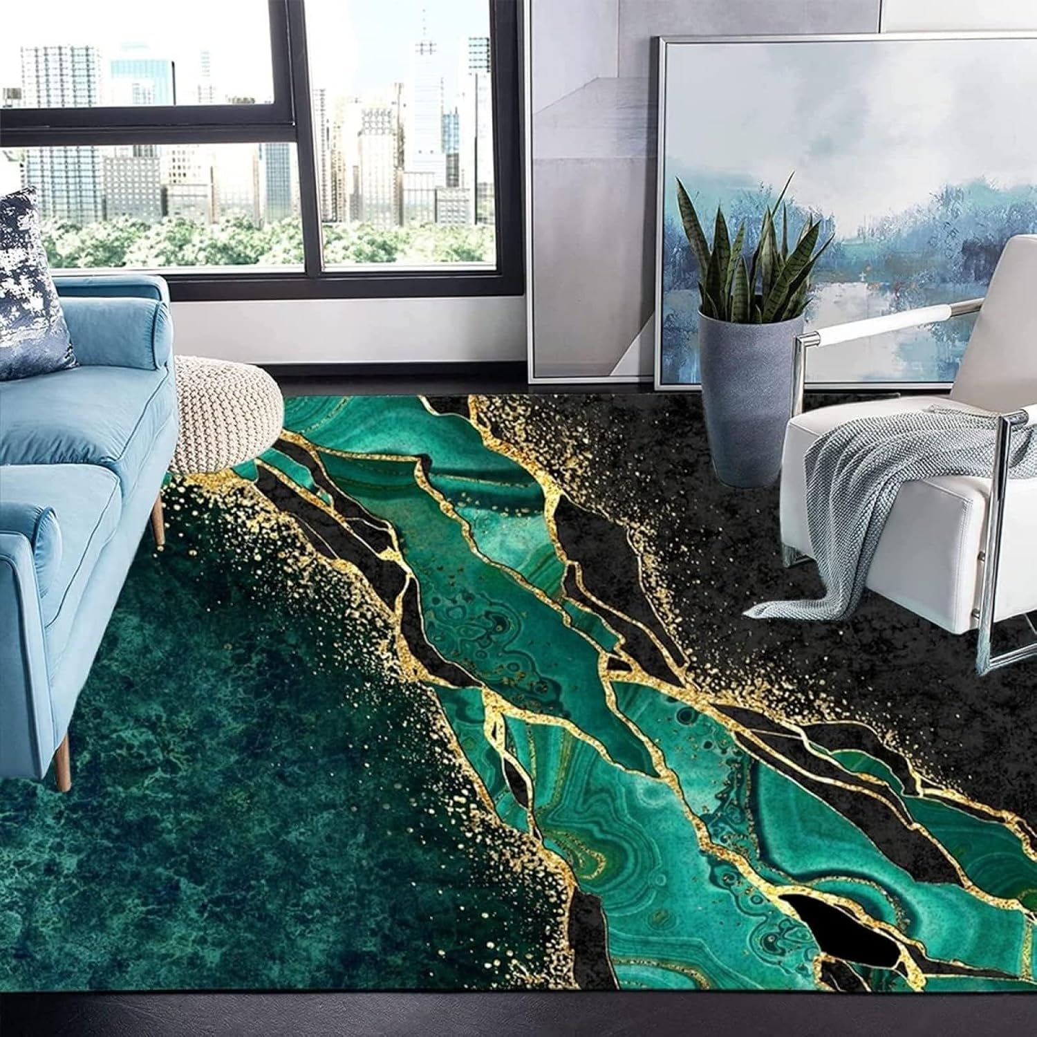 AONIGE Alfombra de área de mármol verde esmeralda, líneas negras doradas abstractas, alfombra grande antideslizante para interiores, para sala de