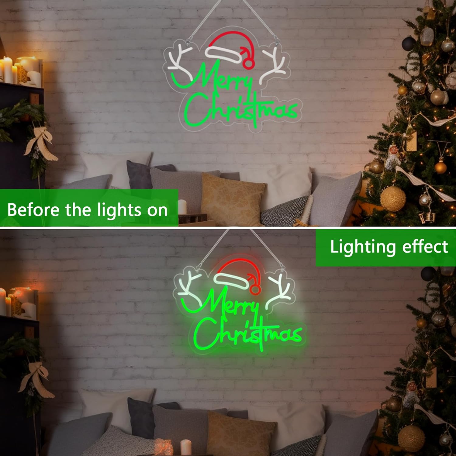 Letrero de neón de Navidad, luces de Navidad verdes, Papá Noel alimentado por USB, árbol de neón de Navidad, ciervomuñeco de nieve, decoración de