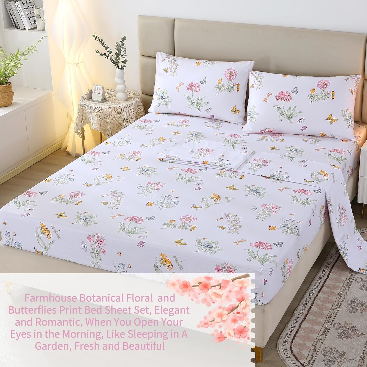 RYNGHIPY Juego de sábanas de algodón egipcio, tamaño King, diseño de flores botánicas de jardín, mariposas, con fundas de almohada, ultra suaves y