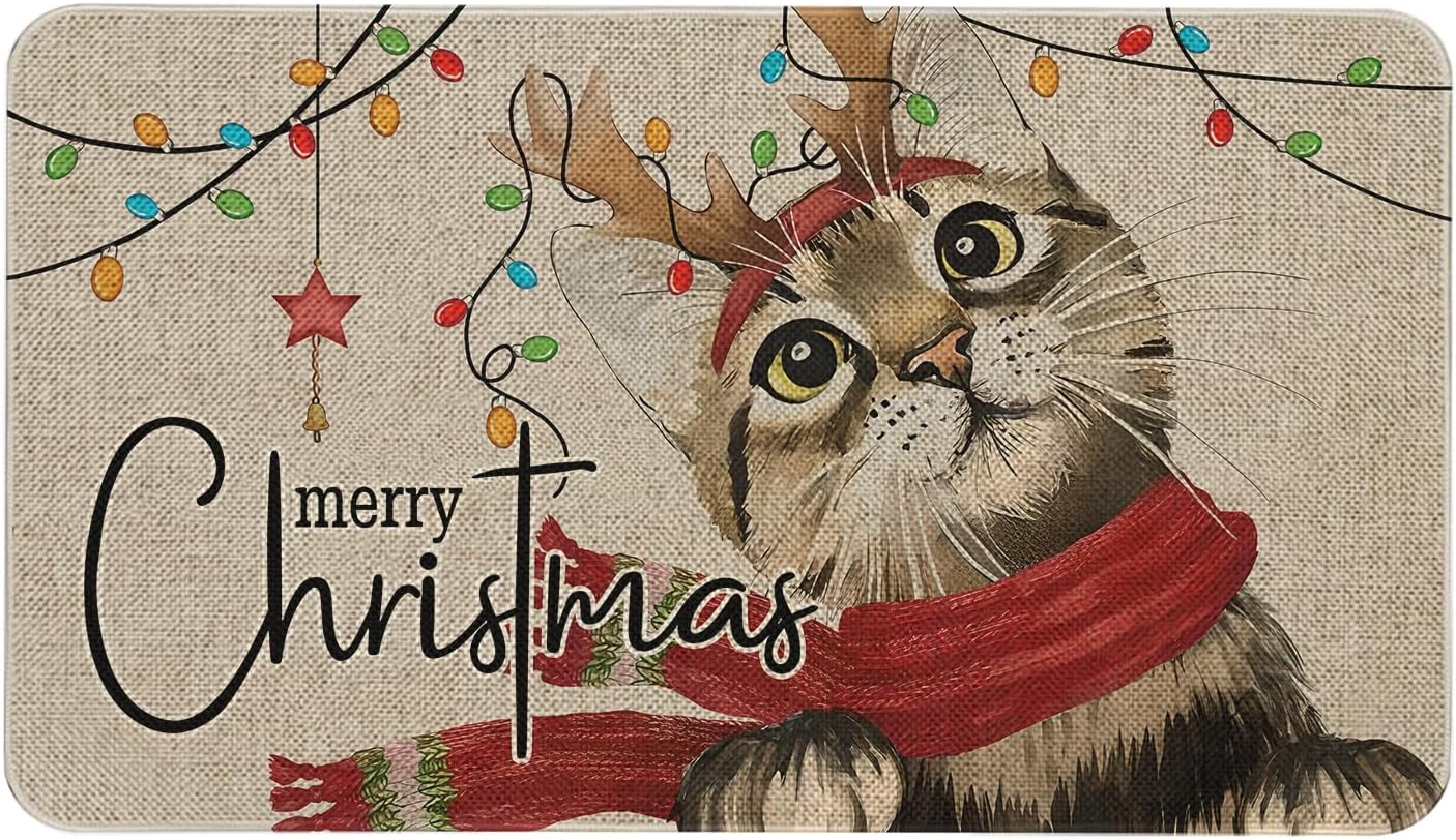 Roszwtit Tapete de puerta de gato de Navidad de 30 x 17 pulgadas, tapete de entrada para interiores y exteriores, tapete antideslizante de goma para