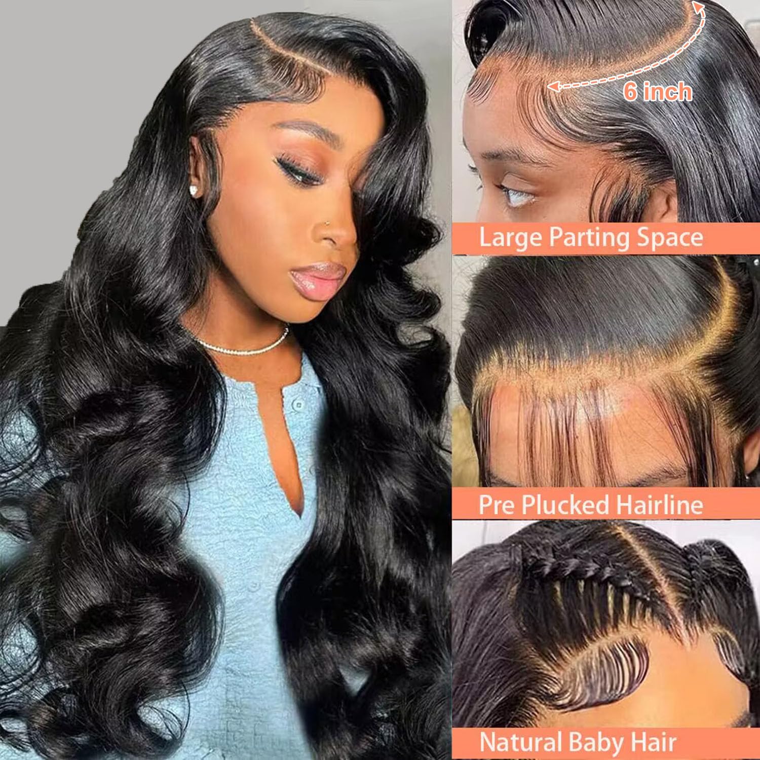 HOT STAR Pelucas de cabello humano ondulado con encaje frontal transparente HD de 13 x 6 pulgadas, densidad del 250 %, para mujeres negras, sin