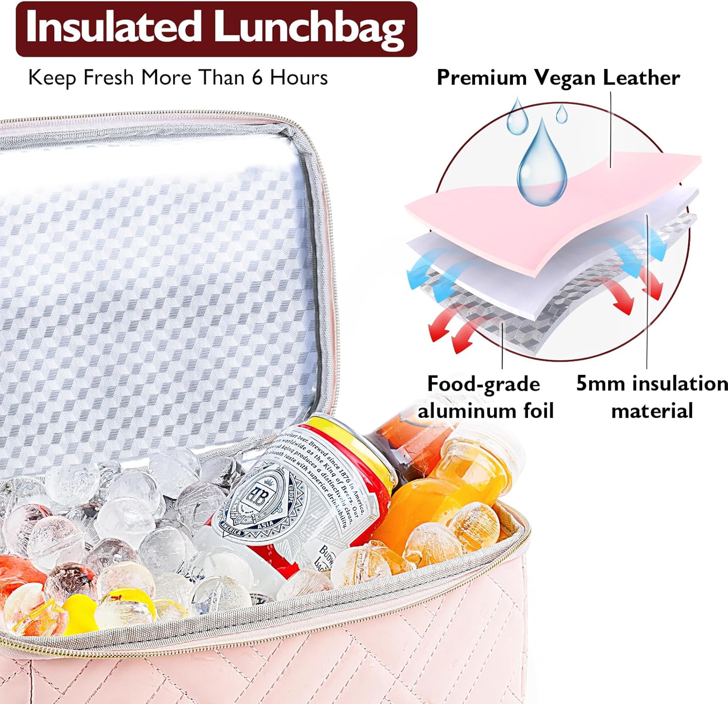Lonchera grande para mujer, 2 niveles, de piel vegana, aislada, a prueba de fugas, impermeable, con correa extraíble, para trabajo, viajes, picnic,