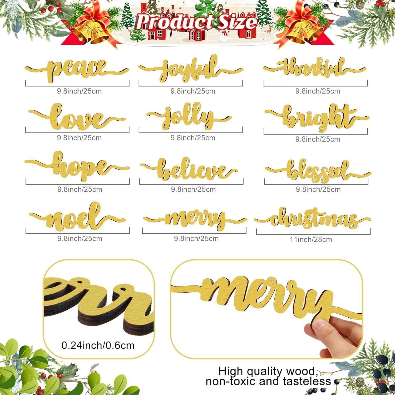 12 piezas de Navidad Thankful Blessed Merry Joyful Peace Family con recortes de madera rústicos agradecidos, letrero de letras para decoración de