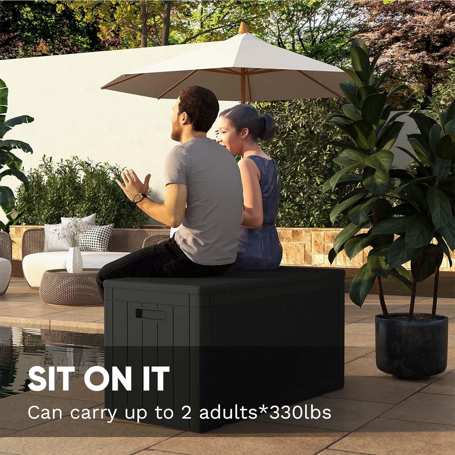 Patiowell Caja de cubierta de resina de 100 galones, caja de almacenamiento grande impermeable para exteriores con candado para muebles de patio,
