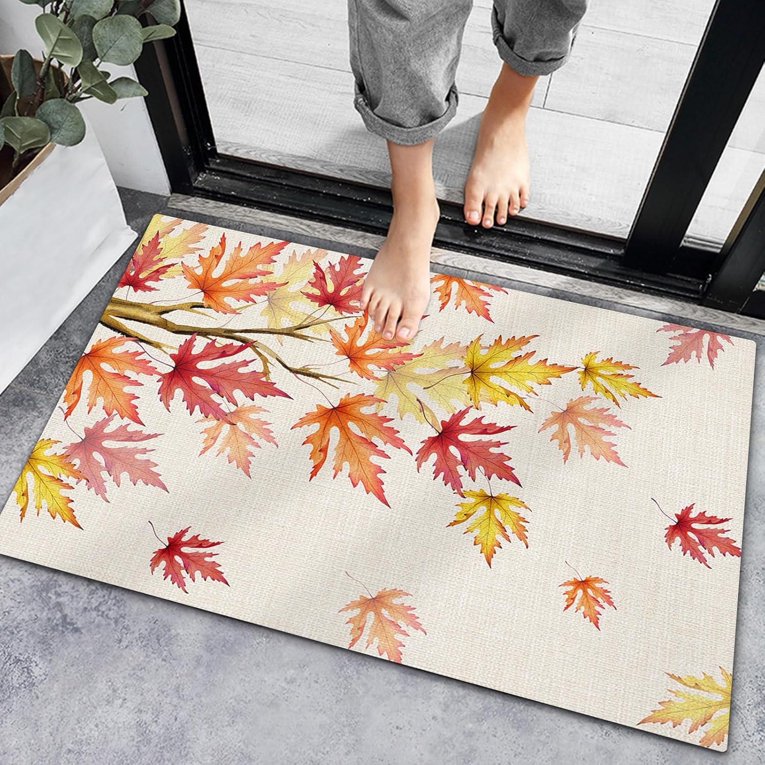 Bath Rugs Entrance Non Slip Front Door Mat Autumn Watercolor Maple Leaves Thanksgiving Kitchen Carpets Farm Tree Deciduous Floor Mats for Bathroom