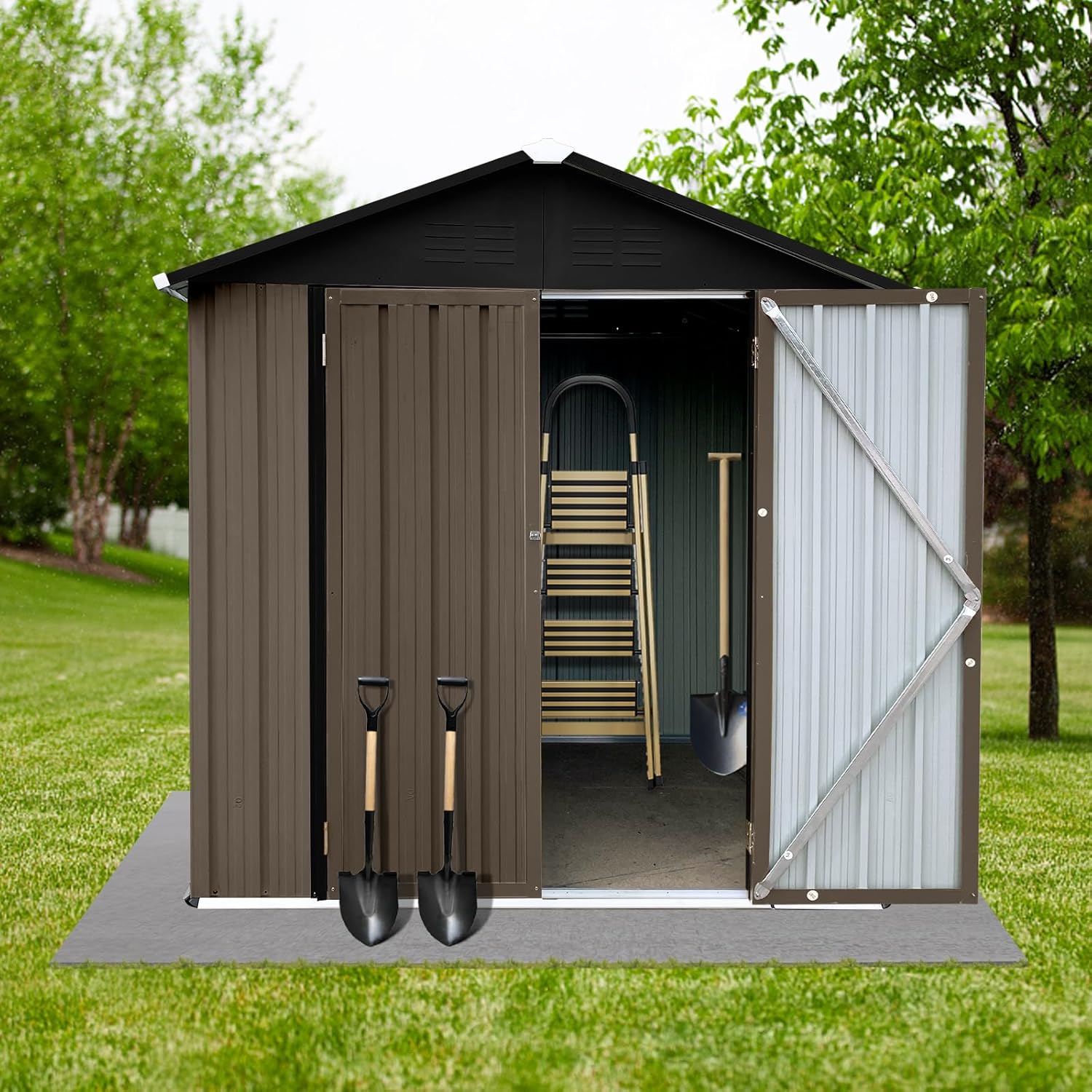 Cobertizo de almacenamiento al aire libre de 6 x 4 pies, cobertizo de herramientas para todo tipo de clima con rejillas perforadas, puerta con