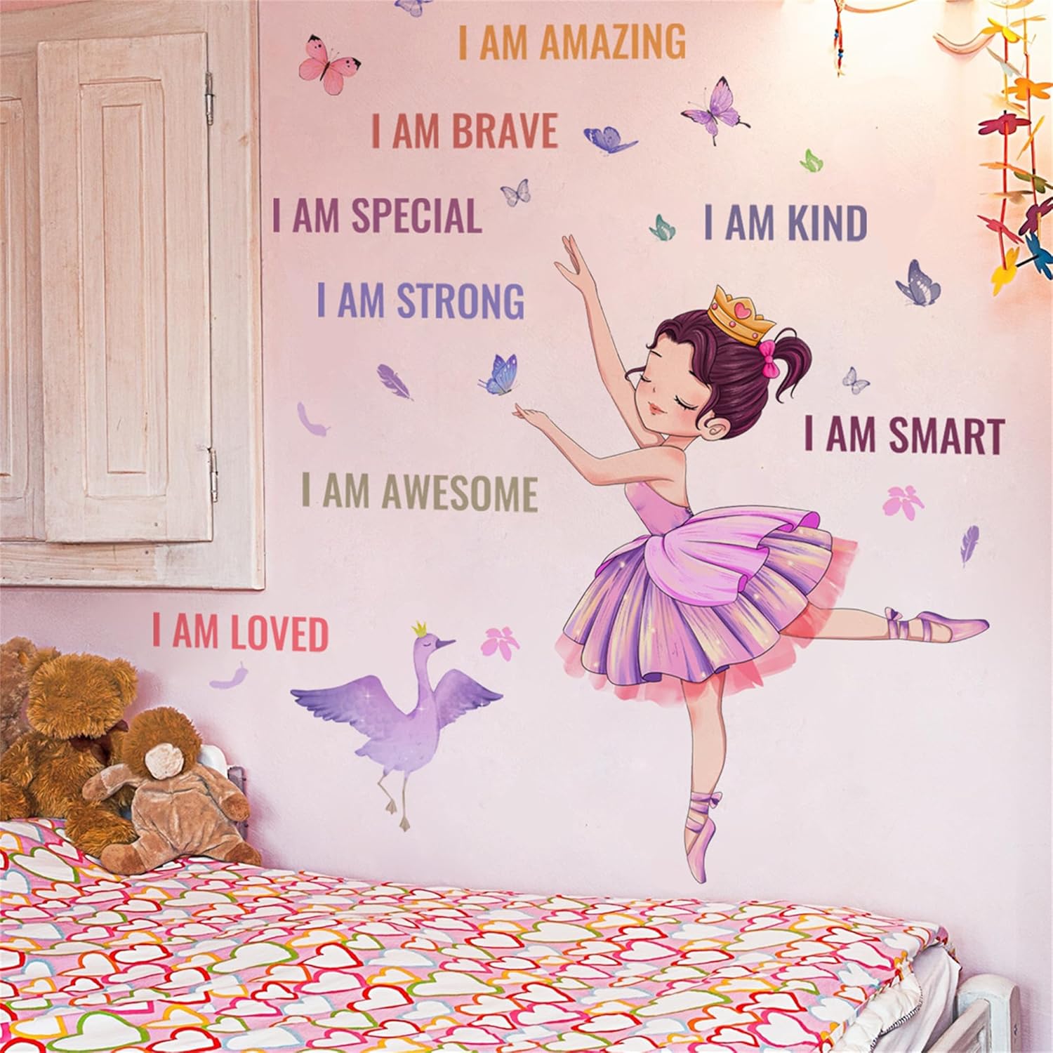 Preciosa calcomanía de pared para niña de ballet, calcomanías de pared de princesa con texto positivo diciendo que eres hermosa niña, decoración de