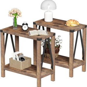 ChooChoo Mesa auxiliar de granja para espacios pequeños, mesa auxiliar estrecha con estante de almacenamiento, mesita de noche rústica de diseño A ChooChoo Mesa auxiliar de granja para espacios pequeños, mesa auxiliar estrecha con estante de almacenamiento, mesita de noche rústica de diseño A