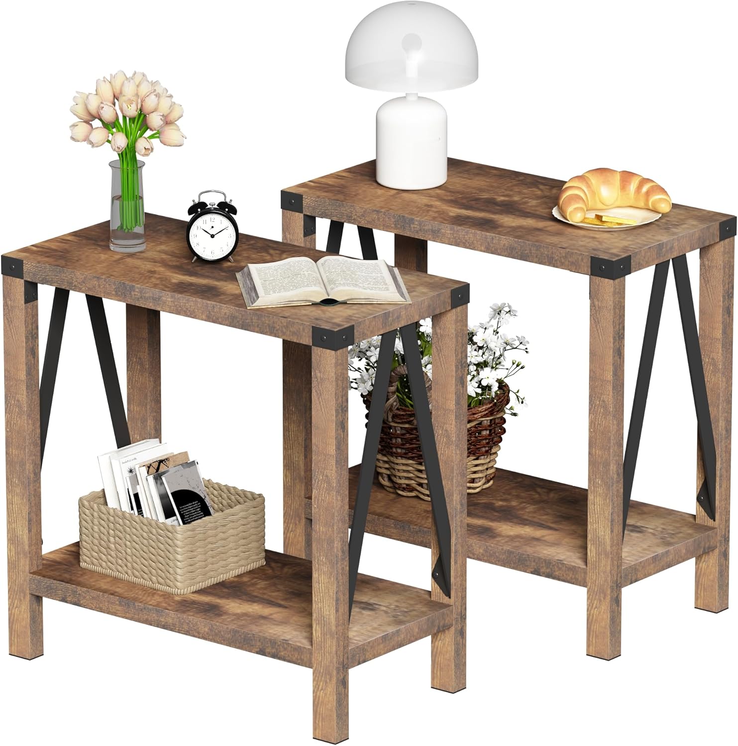 ChooChoo Mesa auxiliar de granja para espacios pequeños, mesa auxiliar estrecha con estante de almacenamiento, mesita de noche rústica de diseño A