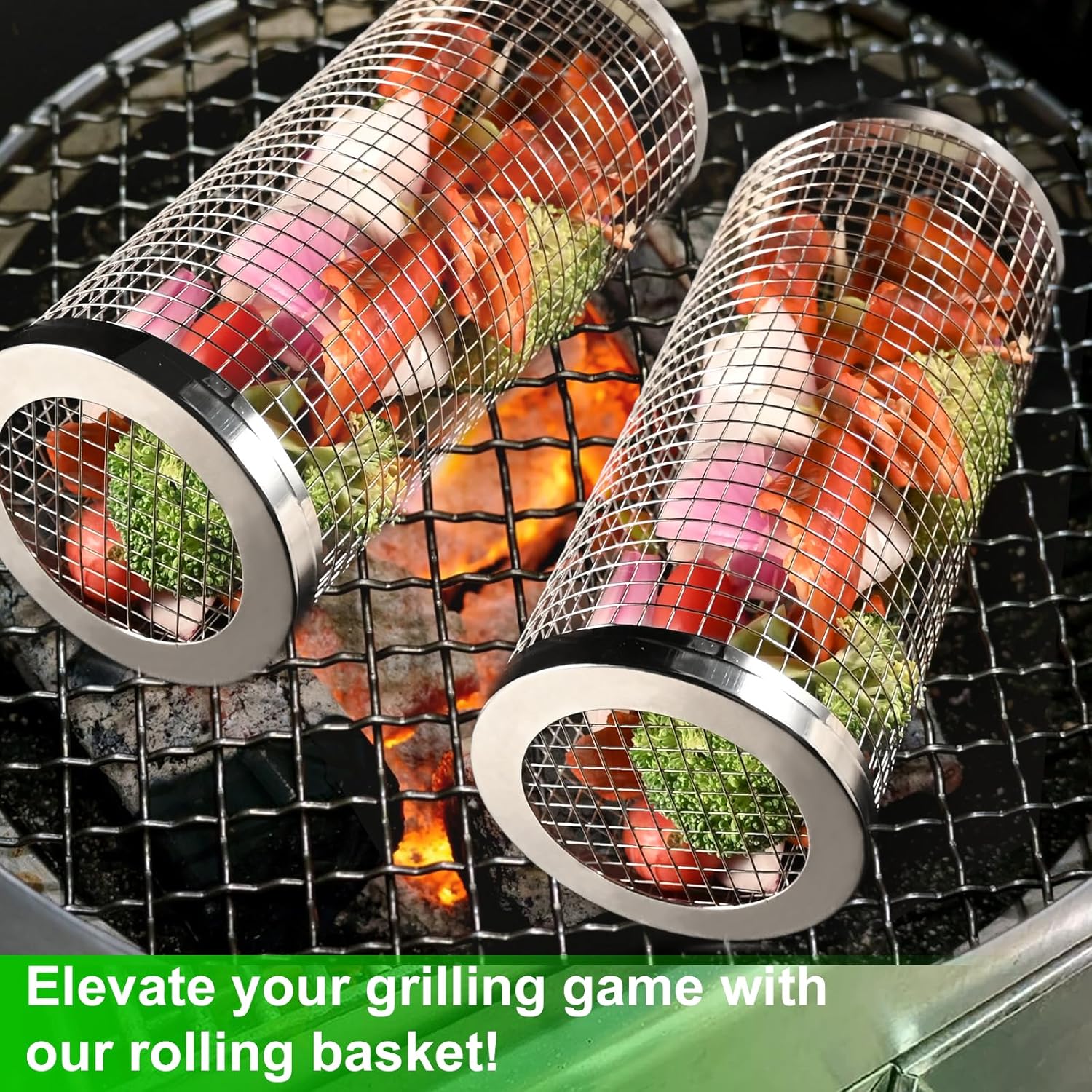 Cestas de parrilla rodantes con tenedor, cestas de acero inoxidable para parrilla de verduras para parrilla al aire libre, tubo de red de malla,