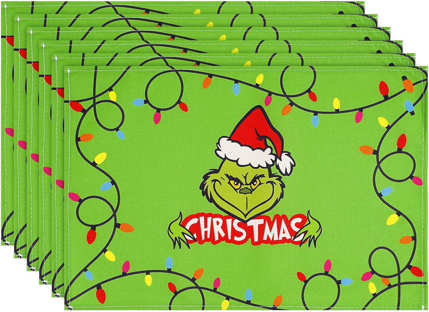 Whaline 6 manteles individuales de Navidad de 12 x 18 pulgadas, divertidos personajes animados con patrón de luces coloridas de Navidad, manteles