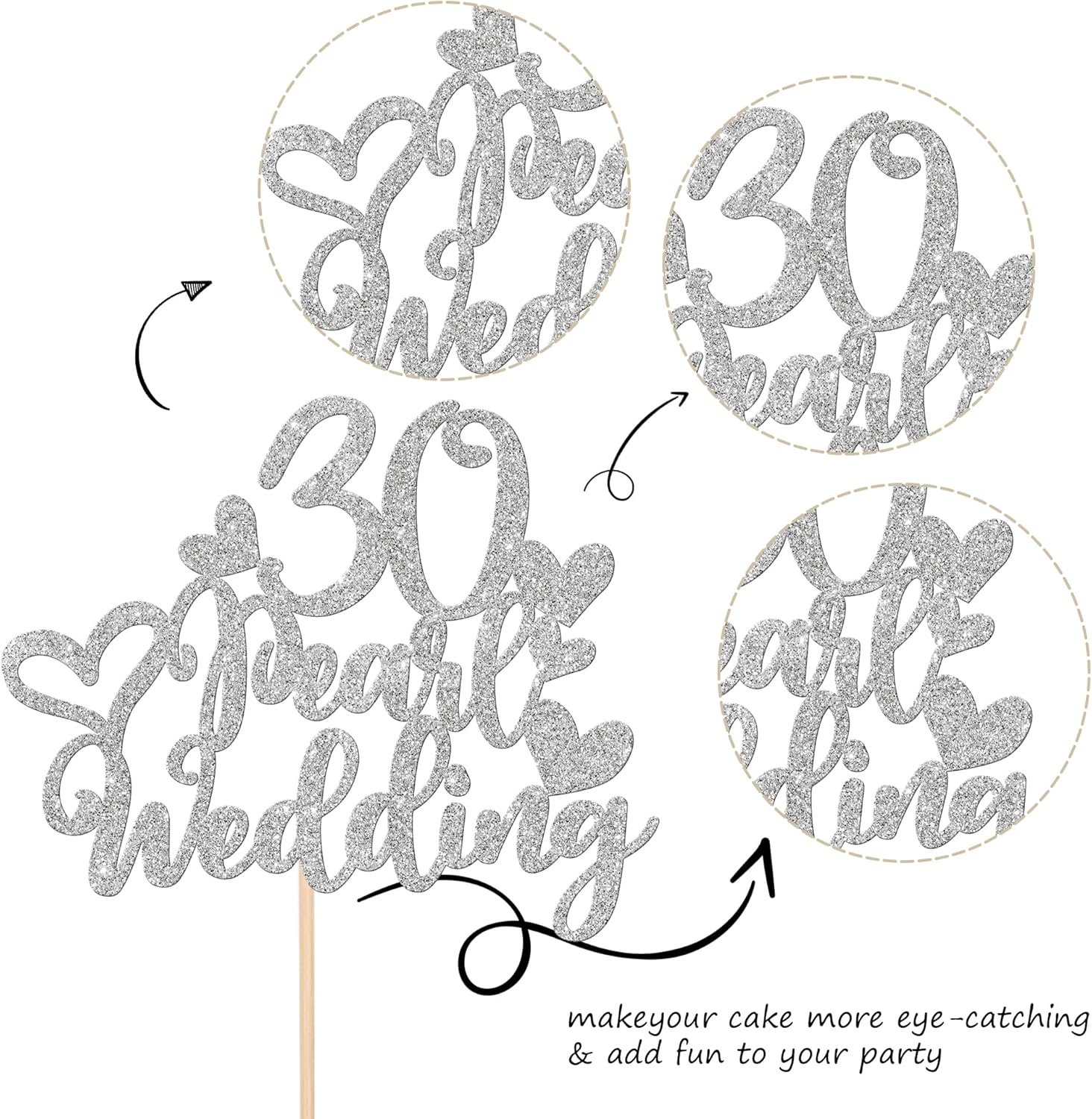 25 piezas de adornos para cupcakes de 30 aniversario con 30 perlas para pastel de boda, corazón con purpurina, 30 aniversario de boda, decoración de