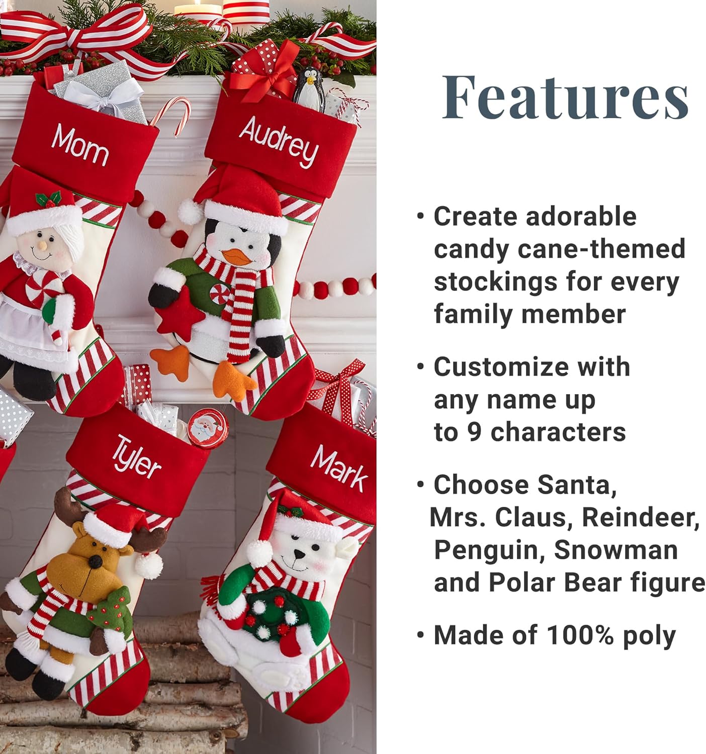 Let’s Make Memories Calcetín de Navidad personalizado, familia de bastones de caramelo, medias para la familia, bordados, felpa 3D, decoración de