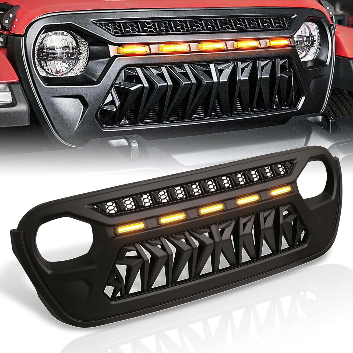 AJP Distributors Parachoques delantero superior estilo tiburón rejilla ABS cubierta con luces LED ámbar DRL luces de correr compatibles  repuesto