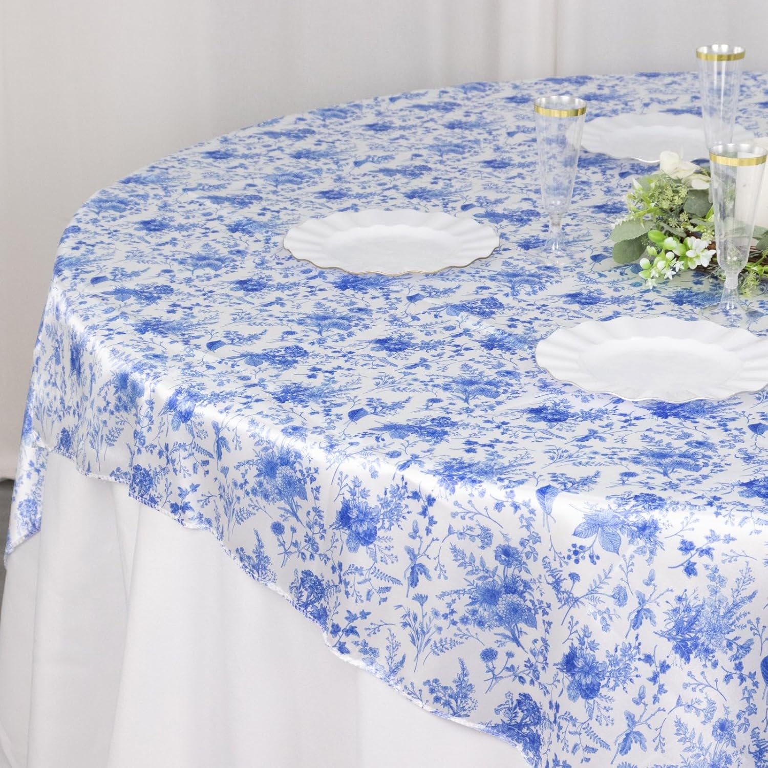 Efavormart – Mantel cuadrado de satén con estampado floral chinoiserie blanco y azul, 72 x 72 pulgadas