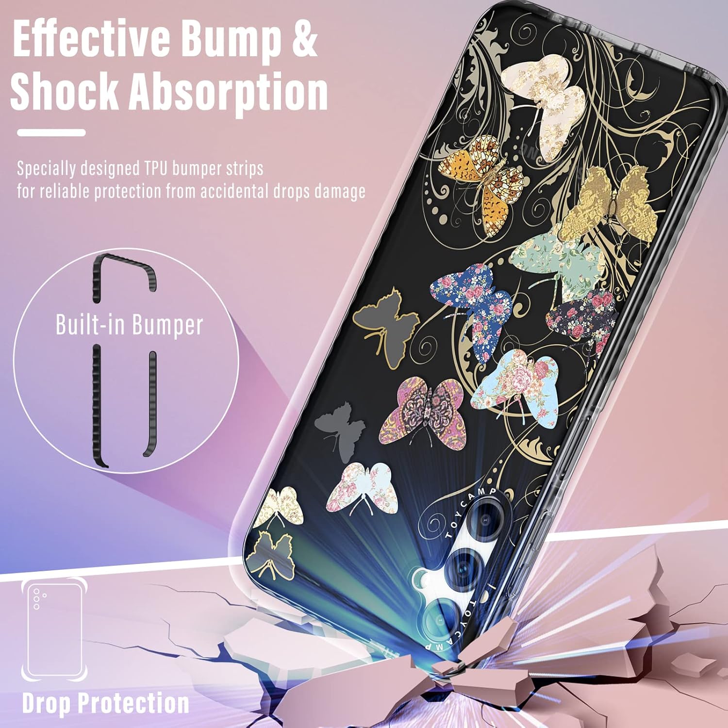 Toycamp Funda para Samsung Galaxy A14 5G con soporte de anillo, bonito y divertido diseño de mariposas Coloful para mujeres, niñas, niños y