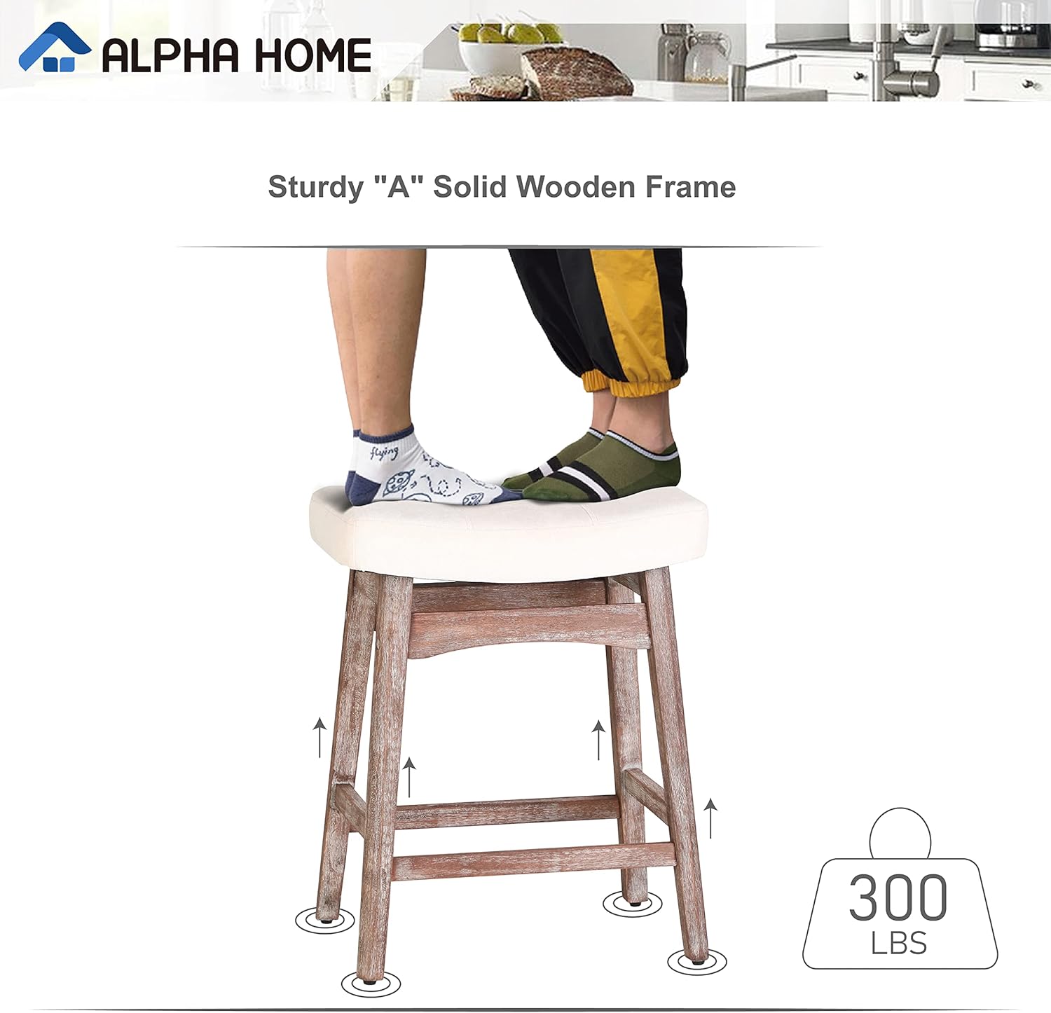 ALPHA HOME Juego de 3 taburetes de bar, taburetes de cocina de madera maciza con cojín de tela de lino beige, taburetes de bar de altura de