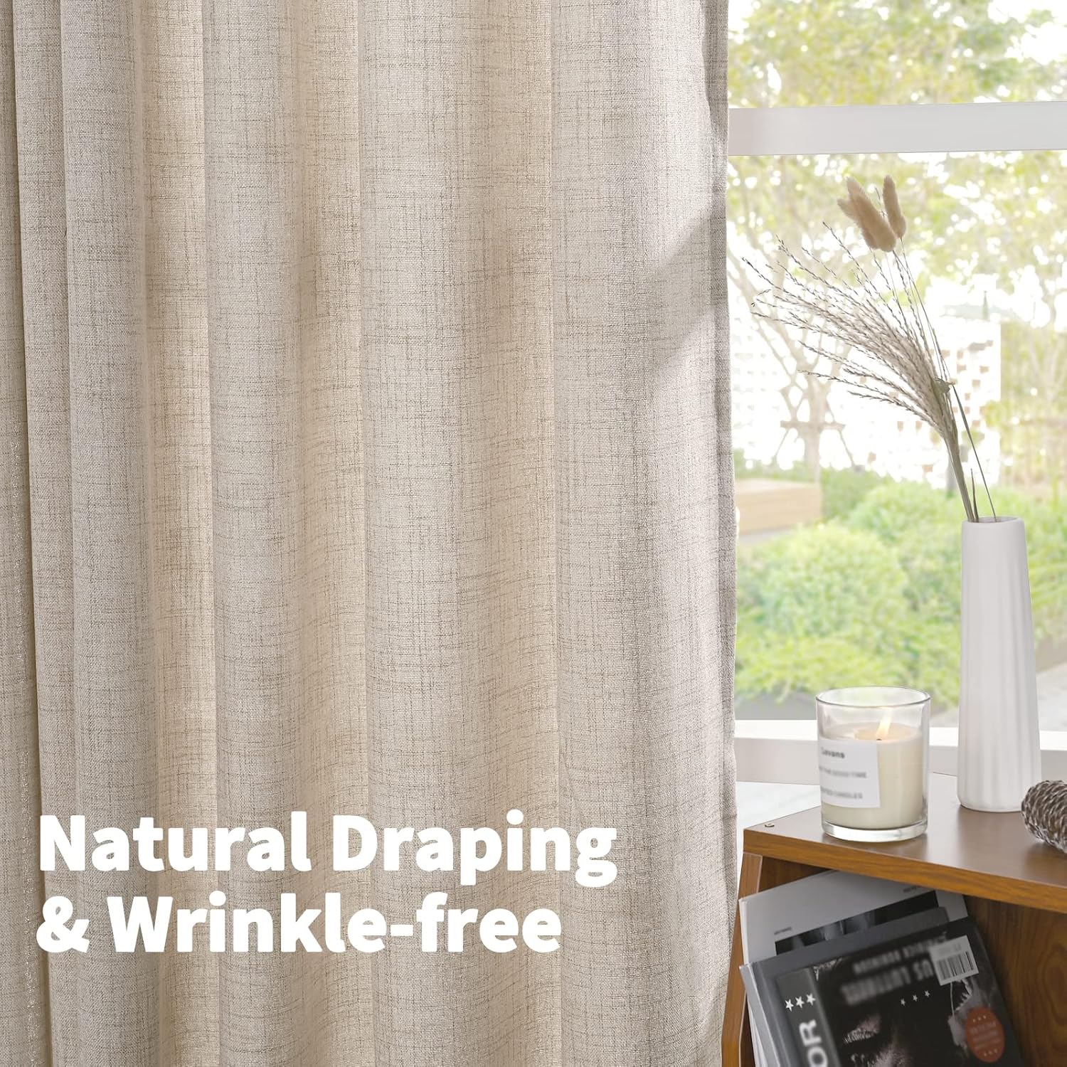 YoungsTex Cortinas de lino corto natural de 54 pulgadas de largo para ventana, cortinas texturizadas de lino con ojales de bronce, cortinas