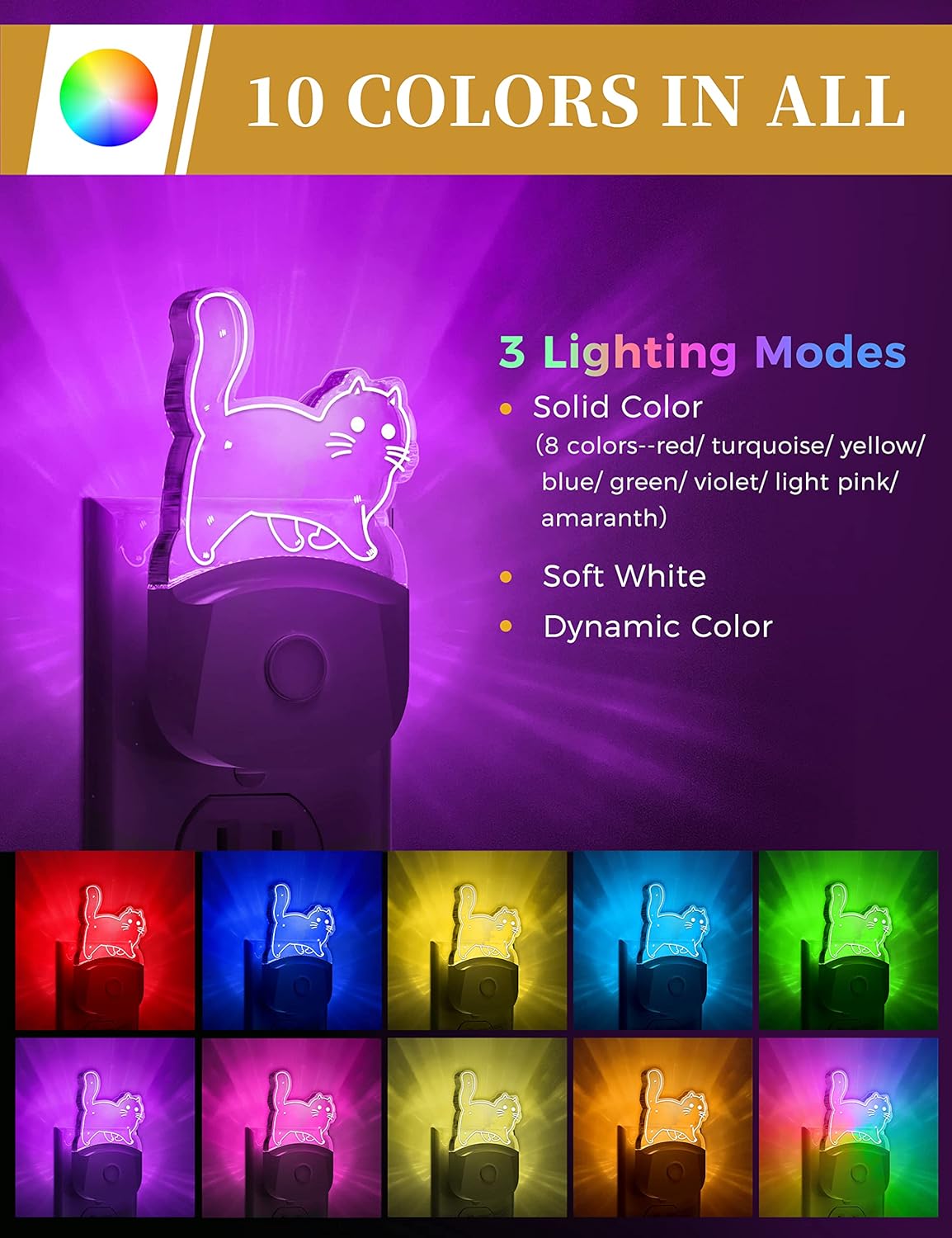 DORESshop Paquete de 2 luces nocturnas para gatos con RGB de 8 colores, enchufable, sensor de atardecer a amanecer, luz nocturna para bebé, luz