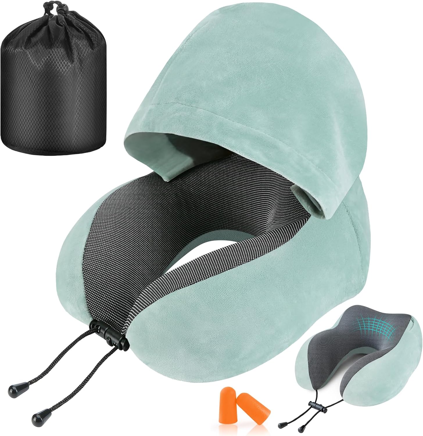Almohada de viaje, almohada cervical para viajes con capucha para avión, almohada de terciopelo de espuma viscoelástica para el cuello para adultos