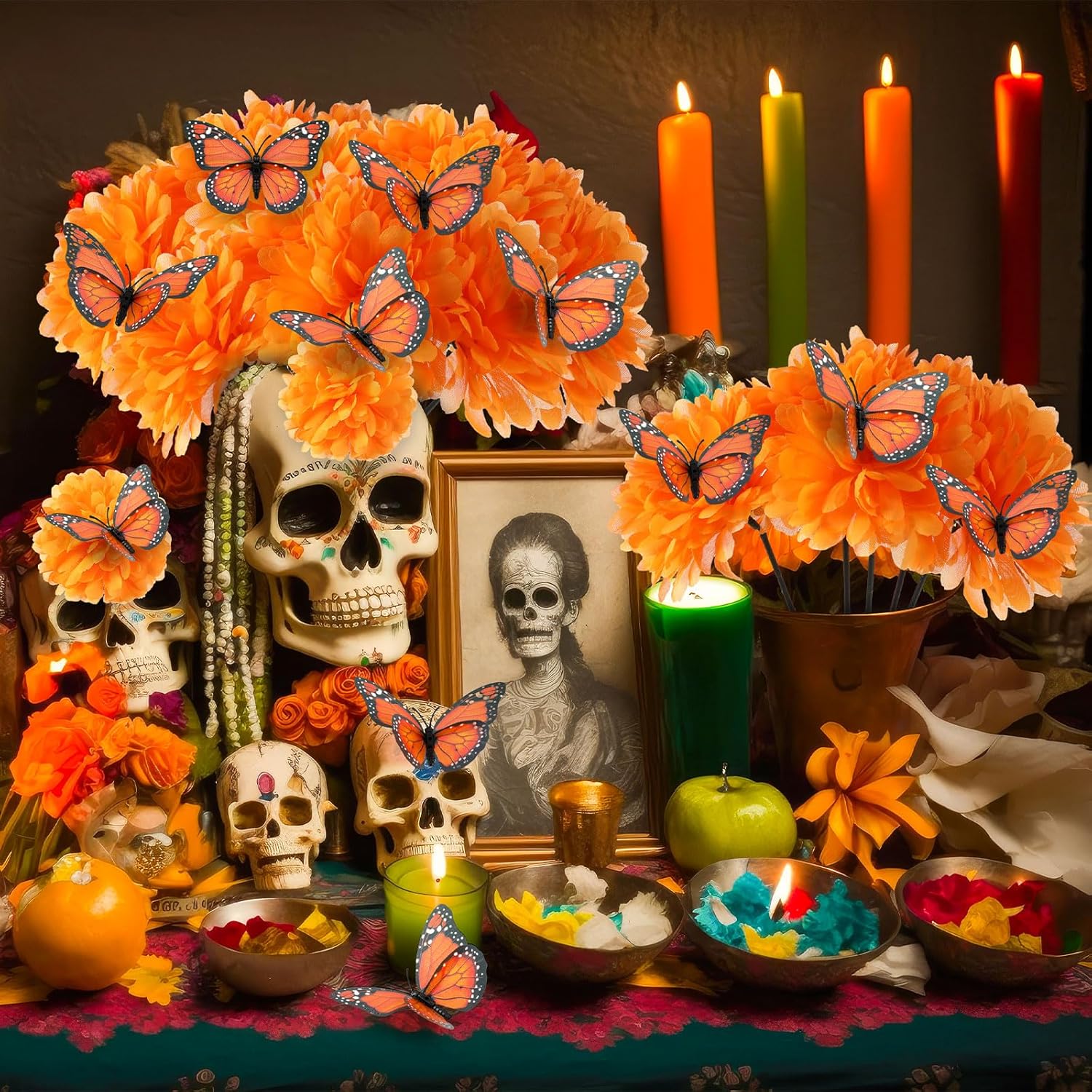 92 piezas de decoración de Día de los Muertos, 80 flores artificiales de caléndula con 12 mariposas monarca falsas y caléndulas naranjas para